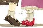  black_footwear bow dated implied_kiss legs loafers maribel_hearn multiple_girls out_of_frame pink_bow red_footwear shoe_bow shoes socks tiptoes tokoroten_(hmmuk) touhou usami_renko yuri 