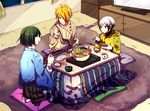  chopsticks cup hair_over_one_eye hakama hood hoodie hotpot idolmaster idolmaster_side-m indoors japanese_clothes kitamura_sora kiyosumi_kurou kotatsu mug multiple_boys nemurakko pillow plate seiza shosei sitting table television tsukumo_kazuki 