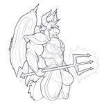  anthro armor bulge clothing dragon greyscale horn looking_at_viewer male melee_weapon monochrome muscular muscular_male polearm smile solo sxf-pantera trident underwear weapon wings 