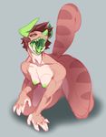  2016 3_horns 5_fingers all_fours anthro arm_support biped breasts brown_hair brown_markings brown_skin brown_stripes brown_tail chameleon chimereon clair_(seel_kaiser) collarbone countershade_legs countershade_torso countershading curled_tail curved_horn digital_drawing_(artwork) digital_media_(artwork) eye_markings female front_view full-length_portrait gaping_mouth green_eyes green_horn green_nipples green_tongue grey_background guide_lines hair half-closed_eyes hanging_breasts horn humanoid_hands jackson&#039;s_chameleon lizard markings medium_breasts multi_horn multicolored_skin nipples non-mammal_breasts nude open_mouth portrait reptile saliva saliva_string scalie seel_kaiser shadow sharp_teeth short_hair simple_background slit_pupils solo striped_skin striped_tail stripes tan_countershading tan_skin teeth tusks two_tone_skin wide_hips 