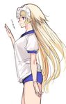  alternate_costume bangs blonde_hair blue_buruma buruma closed_mouth cowboy_shot eyebrows_visible_through_hair fate/apocrypha fate_(series) from_side gym_uniform hand_up headpiece highres jeanne_d'arc_(fate) jeanne_d'arc_(fate)_(all) long_hair shirt short_sleeves simple_background smile solo standing tetsu_(kimuchi) very_long_hair white_background white_shirt 