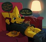 &lt;3 apis blush bottomless burger canine clothed clothing cum english_text erection food fox gregg_(nitw) male mammal night_in_the_woods penis small_penis sofa solo text 