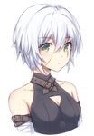  babouo bandages bangs bare_shoulders breasts cleavage_cutout collarbone eyebrows_visible_through_hair facial_scar fate/apocrypha fate/grand_order fate_(series) green_eyes hair_between_eyes jack_the_ripper_(fate/apocrypha) looking_at_viewer scar scar_across_eye short_hair silver_hair simple_background small_breasts solo upper_body white_background 