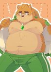  2017 anthro bear belly blush bulge clothed clothing eyewear glasses hat japanese_text male mammal moobs overweight overweight_male pants ptcmtr solo straw_hat text tokyo_afterschool_summoners volos 
