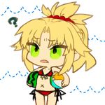  ? ball bare_arms bare_shoulders beachball bikini blonde_hair chibi cowboy_shot eyebrows_visible_through_hair fate/grand_order fate_(series) food frown fruit furrowed_eyebrows green_eyes hair_ornament hair_scrunchie holding mordred_(fate)_(all) mordred_(swimsuit_rider)_(fate) mozu_1oo navel parted_lips red_bikini red_scrunchie scrunchie side-tie_bikini solo standing swimsuit watermelon 