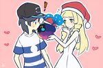  1boy 1girl baseball_cap black_hat blonde_hair blush braid closed_eyes cosmog dress gen_7_pokemon green_eyes hat heart hetero kanade kiss lillie_(pokemon) long_hair pokemon pokemon_(creature) pokemon_(game) pokemon_sm shirt sleeveless sleeveless_dress striped striped_shirt sun_hat t-shirt twin_braids white_dress white_hat you_(pokemon) 