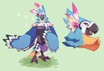  2017 3_toes anklet anthro armor avian beak belt biped bird black_beak black_claws black_feathers black_wings blue_feathers blue_tail blue_wings breastplate breath_of_the_wild chest_tuft claws clothing countershade_tail countershade_torso countershading crest digital_drawing_(artwork) digital_media_(artwork) eye_markings eyelashes eyeshadow fanny_pack feather_crest feather_tuft feathered_crest feathered_wings feathers flower flower_in_hair footwear front_view full-length_portrait girly green_background grey_skin half-closed_eyes head_tuft headshot_portrait jewelry kass_(zelda) leather leather_armor looking_at_viewer looking_down loose_feather makeup male map markings midriff multicolored_feathers multicolored_wings multiple_poses musical_note neck_tuft nintendo open_beak open_mouth open_smile pants pauldron pink_tongue plant portrait pose rito scarf seel_kaiser shadow side_view simple_background singing smile solo standing tail_feathers talons the_legend_of_zelda toe_claws toeless_footwear toes tongue tuft two_tone_tail video_games white_bottomwear white_clothing white_feathers white_wings winged_arms wings yellow_countershading yellow_feathers yellow_tail yellow_wings 