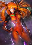  absurdres backlighting blue_eyes bodysuit breasts commentary_request dutch_angle evangelion:_3.0_you_can_(not)_redo eyepatch frown glowing glowing_eye hair_between_eyes hand_on_hip highres long_hair looking_at_viewer medium_breasts neon_genesis_evangelion open_clothes orange_hair plugsuit rebuild_of_evangelion red_bodysuit revision shikinami_asuka_langley shiny shiny_clothes shiny_hair silvester smile solo souryuu_asuka_langley standing 