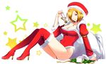  antlers arm_support armlet bad_id bad_pixiv_id bangs beret blonde_hair blurry bokeh boots box breasts charm_(object) christmas cleavage closed_mouth collarbone covered_navel depth_of_field eleanor_(saga) emerald eyebrows_visible_through_hair fingernails from_side full_body fur-trimmed_hat fur-trimmed_legwear fur-trimmed_leotard fur_collar fur_trim gift gift_box gift_wrapping gradient hair_over_one_eye hand_up hat high_heel_boots high_heels highres hips holding jewelry juliet_sleeves keychain knees_up koyama_sao large_breasts legs_together leotard light_smile lips long_fingernails long_sleeves looking_at_viewer nail_polish necklace one_eye_closed open_box parted_bangs pendant puffy_sleeves red_eyes red_footwear red_hat red_legwear red_leotard red_nails red_nose reindeer_antlers ribbon sack saga saga_frontier_2 santa_costume sargon_(saga) shiny shiny_hair short_hair sitting smile solo star star_print starry_background thighhighs untied white_background yellow_ribbon 