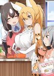  :&lt; :d alternate_hair_length alternate_hairstyle animal_ear_fluff animal_ears apron bangs bare_shoulders black_gloves blonde_hair blush bodysuit book bow breasts bright_pupils brown_bear_(kemono_friends) brown_hair carrot cleavage closed_mouth commentary cooking cutting cutting_board elbow_gloves eurasian_eagle_owl_(kemono_friends) eyebrows_visible_through_hair frilled_apron frills gloves hair_over_shoulder half-closed_eyes hayashi_(l8poushou) head_wings highres indoors japari_symbol jitome kemono_friends kitchen_knife large_breasts long_hair looking_down low-tied_long_hair multicolored_hair multiple_girls northern_white-faced_owl_(kemono_friends) older open_mouth orange_hair ponytail potato serval_(kemono_friends) serval_ears serval_print short_hair skirt small_breasts smile streaked_hair sweat sweatdrop tank_top triangle_mouth white_gloves white_hair yellow_eyes 