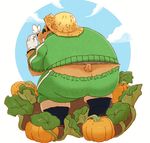  2017 anthro bear butt clothed clothing food fruit hat male mammal overweight overweight_male pumpkin rentcg solo straw_hat tokyo_afterschool_summoners volos 