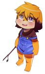  aged_down anthro bandage barefoot berseepon09 blush brown_fur canine clothing cub cute dog eyelashes female fur mammal off_shoulder open_mouth orange_fur overalls purple_eyes simple_background solo stick tan_fur white_background young 