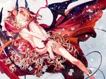  bangs barefoot blonde_hair bound bound_wrists breasts cape hair_between_eyes horns knee_up long_hair looking_at_viewer medium_breasts naked_cape original red_cape snow solo very_long_hair wings yaku_(ziroken) yellow_eyes 