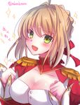  :d bangs blonde_hair blush braid breasts cleavage cleavage_cutout dress epaulettes eyebrows_visible_through_hair fate/extra fate_(series) green_eyes hair_intakes hair_ribbon highres long_sleeves looking_at_viewer medium_breasts nero_claudius_(fate) nero_claudius_(fate)_(all) open_mouth red_dress red_ribbon ribbon simple_background smile solo sparkle tanaji twitter_username white_background 