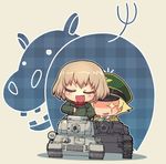  :d blonde_hair brown_hair caterpillar_tracks chibi closed_eyes erwin_(girls_und_panzer) fang girls_und_panzer ground_vehicle hat hippopotamus katyusha long_sleeves looking_at_viewer military military_jacket military_uniform military_vehicle motor_vehicle multiple_girls ooarai_school_uniform open_mouth plaid pravda_school_uniform sankuma short_hair smile sparkling_eyes sturmgeschutz_iii t-34-85 tank uniform unmoving_pattern v-shaped_eyebrows 