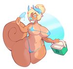  2017 3_horns 5_fingers alpha_channel anthro areola big_areola big_breasts bikini biped blonde_hair blue_background blue_clothing blue_eyes blue_horn bracelet breasts brown_skin brown_tail chameleon chimereon clothed clothing cooler coral_(seel_kaiser) countershade_legs countershade_tail countershade_torso countershading curled_tail curved_horn digital_drawing_(artwork) digital_media_(artwork) eyelashes eyeshadow fangs female food front_view hair hair_accessory hair_bun hi_res holding_food holding_object horn huge_breasts humanoid_hands ineffective_clothing jackson&#039;s_chameleon jewelry legs_together lizard looking_away makeup melting multi_horn multicolored_skin navel nipples non-mammal_breasts pinup popsicle portrait pose reptile scalie short_hair simple_background skimpy slightly_chubby small_waist smile solo standing star sticcie string_bikini swimsuit tan_skin tan_tail thick_thighs three-quarter_portrait transparent_background two_tone_skin two_tone_tail voluptuous wide_hips yellow_nipples 