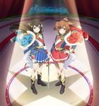  aijou_karen belt black_footwear black_hair blue_eyes boots brown_eyes brown_hair crown hair_ornament highres kagura_hikari key_visual long_hair long_sleeves mini_crown miniskirt multiple_girls official_art pelisse pleated_skirt saber_(weapon) short_hair shoujo_kageki_revue_starlight skirt sparkle_hair_ornament stage sword twintails weapon 