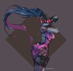  ass back_cutout black_hair bodysuit breasts from_behind gloves head_mounted_display high_ponytail highres long_hair looking_back medium_breasts multicolored_hair overwatch pink_bodysuit purple_hair purple_skin skin_tight solo thigh_pouch two-tone_hair very_long_hair widowmaker_(overwatch) yellow_eyes yunatsai_m 