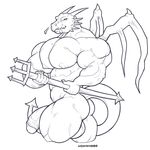  anthro balls dragon flaccid greyscale horn humanoid_penis male melee_weapon monochrome muscular muscular_male nipples nude penis polearm smile solo sxf-pantera trident weapon wings 