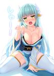  aqua_hair areola_slip areolae bare_shoulders blush breasts cleavage collarbone fate/grand_order fate_(series) heart heart-shaped_pupils hinata_nao horns japanese_clothes kimono kiyohime_(fate/grand_order) large_breasts long_hair looking_at_viewer obi open_mouth sash simple_background sitting solo symbol-shaped_pupils thighhighs white_background yellow_eyes 
