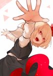  artist_name bangs black_skirt blurry dated depth_of_field fangs foreshortening gotoh510 highres long_sleeves looking_at_viewer open_mouth outstretched_arms red_eyes rumia sharp_teeth signature skirt skirt_set smile solo star teeth tongue touhou vest 