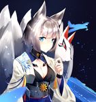  animal_ears azur_lane blue_eyes blurry breasts chamnaitu cleavage commentary_request depth_of_field eyeshadow fox_ears fox_mask fox_tail highres holding japanese_clothes kaga_(azur_lane) looking_at_viewer makeup mask medium_breasts multiple_tails short_hair silver_hair simple_background solo tail wide_sleeves 
