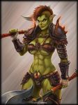  2017 absurd_res armor blue_eyes breasts brown_hair clothed clothing digital_media_(artwork) ear_piercing female green_skin hair hi_res holding_object holding_weapon humanoid looking_at_viewer melee_weapon mohawk muscular muscular_female not_furry orc piercing simple_background skimpy smile solo standing vempire video_games warcraft weapon 