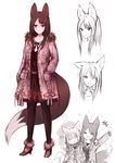 anger_vein animal_ears belt brown_eyes brown_hair coat dress fox_ears fox_tail hand_in_pocket happy highres long_hair multiple_girls one_eye_closed original pantyhose short_dress simple_background sketch sleepy smile sukemyon tail tail_wagging white_background winter_clothes winter_coat yawning 