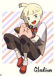  blonde_hair bow bowtie character_name child cleffa gen_2_pokemon gladio_(pokemon) green_eyes hair_over_one_eye hug kanade male_focus open_mouth pokemon pokemon_(game) pokemon_sm shorts sitting smile solo vest younger 
