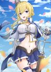  anchor azur_lane blonde_hair blue_capelet blue_eyes blue_sky braid breasts capelet cloud collarbone commentary_request cowboy_shot crop_top day french_braid gloves hair_between_eyes headgear highres hoshimiya_mashiro large_breasts long_hair looking_at_viewer midriff navel petals pleated_skirt renown_(azur_lane) scepter skirt sky solo thighhighs white_gloves wind zettai_ryouiki 