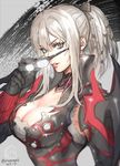  aranea_highwind bangs black_gloves blue-framed_eyewear breasts cleavage dated detached_sleeves eyebrows_visible_through_hair eyewear_removed final_fantasy final_fantasy_xv from_side glasses gloves green_eyes hair_between_eyes hand_up high_collar holding holding_eyewear jacket kanapy large_breasts light_smile long_hair looking_at_viewer looking_to_the_side opaque_glasses over-rim_eyewear parted_lips ponytail semi-rimless_eyewear silver_hair sleeveless_jacket smile solo twitter_username upper_body v-shaped_eyebrows 