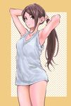  amakasu_an armpits brown_hair dress highres long_hair mori_taishi official_art radiation_house sleeveless sleeveless_dress 