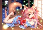  animal_ears ass breasts cleavage eating fang fate/extra fate/grand_order fate_(series) food fox_ears fox_tail full_moon japanese_clothes large_breasts long_hair looking_at_viewer luobo1220 lying moon nature night on_stomach open_mouth pink_hair solo tail tamamo_(fate)_(all) tamamo_no_mae_(fate) tree tree_shade twintails water yellow_eyes 