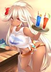  blonde_hair breasts dark_skin flower glass gradient gradient_background granblue_fantasy hair_flower hair_ornament highres large_breasts leaning_forward long_hair looking_at_viewer red_eyes smile solo sukage tied_skirt tray white_bikini_bottom zooey_(granblue_fantasy) 