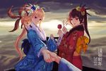  2girls artist_name black_hair blonde_hair candy_apple chinese_zodiac dango dog edenfox fangs flower food fox hair_flower hair_ornament holding_hands japanese_clothes kimono long_hair looking_at_viewer multiple_girls new_year open_mouth original out_of_frame pov pov_hands purple_eyes red_eyes shiba_inu slit_pupils smile torii vampire wagashi year_of_the_dog 