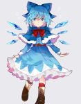  1girl :o adapted_costume bangs belt blue_bow blue_capelet blue_eyes blue_hair blue_shirt blue_skirt blue_wings boots bow bowtie brown_footwear capelet cirno fur-trimmed_capelet fur_trim grey_background hair_bow highres ice ice_wings leg_lift long_sleeves looking_at_viewer mismatched_legwear potesara purple_legwear red_belt red_legwear red_neckwear shirt short_hair simple_background skirt skirt_hold solo standing standing_on_one_leg touhou wings 