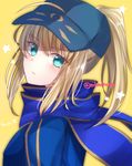  ahoge artoria_pendragon_(all) bangs baseball_cap blonde_hair blue_eyes blue_jacket blue_scarf blush closed_mouth eyebrows_visible_through_hair fate/grand_order fate_(series) from_side hair_between_eyes hair_through_headwear hat highres jacket looking_at_viewer looking_to_the_side mysterious_heroine_x ponytail scarf simple_background solo tanaji twitter_username yellow_background 
