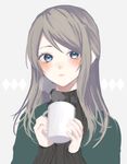  bad_id bad_twitter_id blue_eyes blush cup grey_background grey_hair grey_sweater holding holding_cup long_hair long_sleeves looking_at_viewer original p2_(uxjzz) parted_lips ribbed_sweater solo steam sweater upper_body 