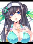  armlet bad_id bad_pixiv_id black_hair blue_eyes blush breasts cleavage collarbone dabadhi double_bun flower hair_flower hair_ornament hair_over_one_eye hairband hand_on_own_chest highres large_breasts letterboxed long_hair looking_at_viewer open_mouth rinne_(sennen_sensou_aigis) sennen_sensou_aigis solo upper_body 