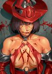  bare_shoulders black_hair blood blue_eyes bob_cut breasts detached_sleeves guilty_gear hat i-no lips nipple_slip nipples orushibu red_hat short_hair small_breasts solo 