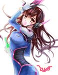  arm_up bangs blue_bodysuit bodysuit bottle bracer breasts brown_eyes brown_hair bubble_blowing charm_(object) chewing_gum commentary_request cowboy_shot d.va_(overwatch) facepaint facial_mark gloves gun hand_up headphones high_collar holding holding_bottle holding_gun holding_weapon long_hair looking_at_viewer m-musume_(catbagel) medium_breasts overwatch pauldrons pilot_suit ribbed_bodysuit shoulder_pads simple_background skin_tight solo standing weapon whisker_markings white_background white_gloves 