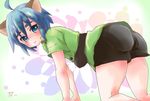  1boy ahoge all_fours animal_ears artist_request ass blue_eyes blue_hair blush cat_ears closed_mouth leon_geeste looking_at_viewer shirt short_hair shorts smile solo star_ocean star_ocean_the_second_story 