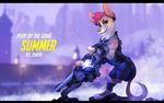  2017 alternate_species armor black_bars blurred_background canine cosplay digital_media_(artwork) dog feral furrification hair holding_object holding_weapon kitchiki mammal overwatch pink_eyes pink_hair pink_nose smile solo standing video_games weapon zarya_(overwatch) 