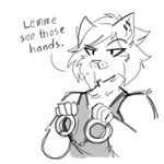 anthro black_and_white breasts cat dialogue ear_piercing english_text feline female handcuffs low_res maine_coon mammal mittensmcgee monochrome piercing ptolema raised_eyebrow shackles smile text 