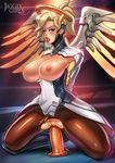  1girl areolae artist_name blonde_hair blue_eyes breast_cutout breasts breasts_out crotch_cutout dildo kneeling large_breasts lipstick looking_at_viewer masturbation mechanical_halo mechanical_wings mercy_(overwatch) nipples overwatch pantyhose parted_lips pubic_hair pussy reiq sex_toy solo teeth torn_pantyhose uncensored vaginal_object_insertion web_address 
