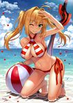  ;) aestus_estus ahoge anklet arm_up artist_name ball bangs bare_legs barefoot beach beachball bead_anklet bead_bracelet beads bikini blue_sky blush bracelet breasts c: closed_mouth cloud cloudy_sky collarbone commentary_request criss-cross_halter day fate/grand_order fate_(series) fisheye green_eyes hair_intakes halterneck highres jewelry kneeling large_breasts long_hair looking_at_viewer navel nero_claudius_(fate)_(all) nero_claudius_(swimsuit_caster)_(fate) npcpepper ocean one_eye_closed outdoors planted_sword planted_weapon red_bikini side-tie_bikini sidelocks signature sky smile solo striped striped_bikini swimsuit sword thighs tsurime twintails weapon 