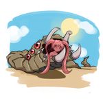  blue_sky chibi closed_mouth cloud day desert extra_eyes highres long_hair monster monster_girl monster_girl_encyclopedia nanostar nude outdoors pink_hair pink_sclera pink_skin red_eyes sandworm_(monster_girl_encyclopedia) sky smile solo sun transparent_background twintails 