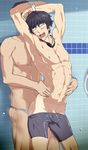 2boys abs anal armpit bathroom black_hair blush bulge crotch erection eyes_closed goggles male_focus multiple_boys muscle nipples open_mouth penetration penis restrained sex shower swimsuit tama_hiro tan tanline thrusting wet wince yaoi 