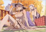  autumn azur_lane belfast_(azur_lane) breasts closed_eyes dress elbow_gloves gloves hat house illustrious_(azur_lane) large_breasts maid_headdress multiple_girls outdoors panties petting picnic_basket purple_hair red_cucumber sitting sketch thighhighs underwear unicorn_(azur_lane) white_hair 