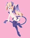  1girl ass bat_wings blonde_hair blue_eyes breasts demon_girl demon_tail fang female full_body ls-lrtha open_mouth pink_background simple_background solo succubus tail thighhighs wings 